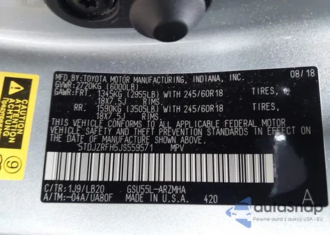 2018 Toyota Highlander Xle z USA, uszkodzony, nr VIN 5TDJZRFH5JS559571